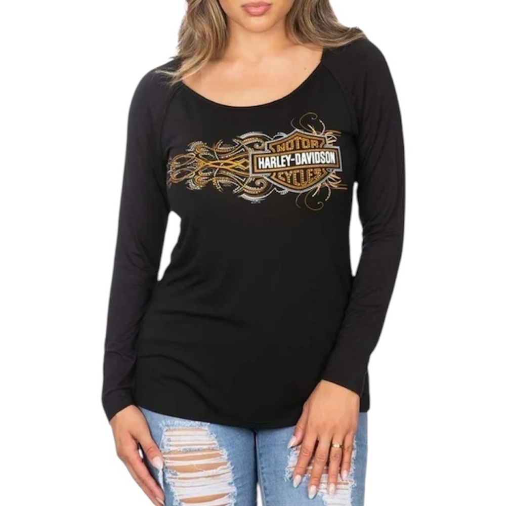 Harley-Davidson Embellished Bar & Shield Long Sleeve Scoop Neck Top Medium Black